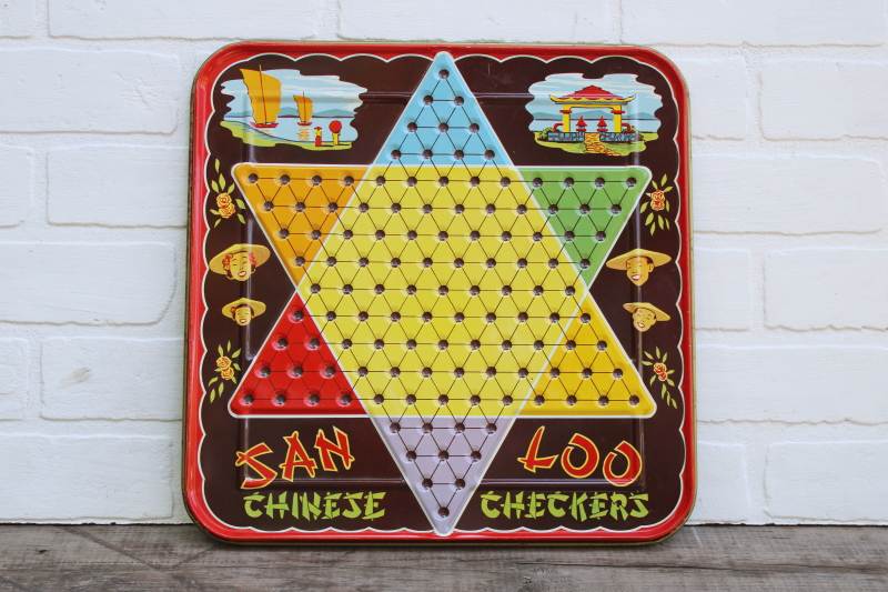 photo of vintage San Loo Chinese Checkers litho print tin metal game board  #1