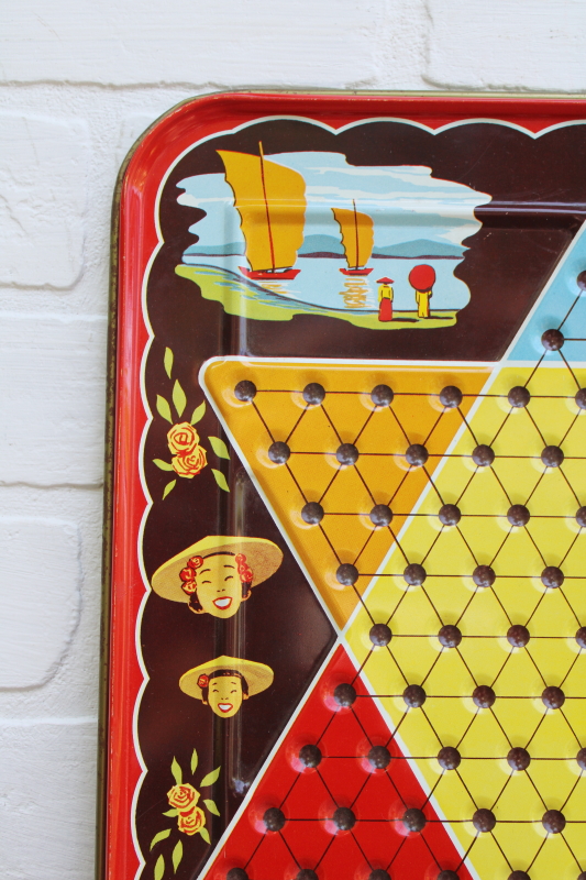 photo of vintage San Loo Chinese Checkers litho print tin metal game board  #2