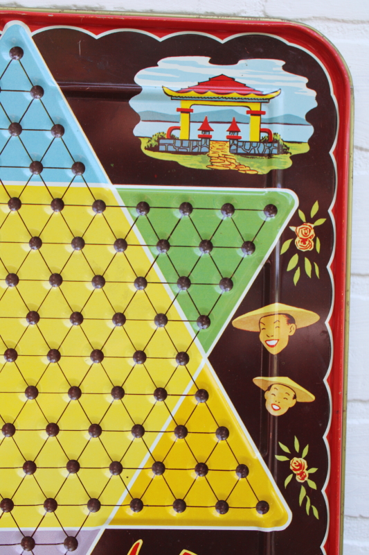 photo of vintage San Loo Chinese Checkers litho print tin metal game board  #3
