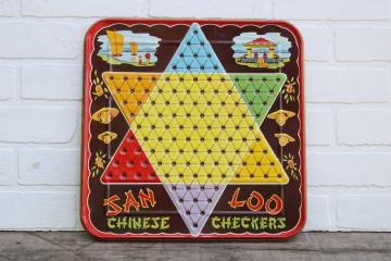 catalog photo of vintage San Loo Chinese Checkers litho print tin metal game board 