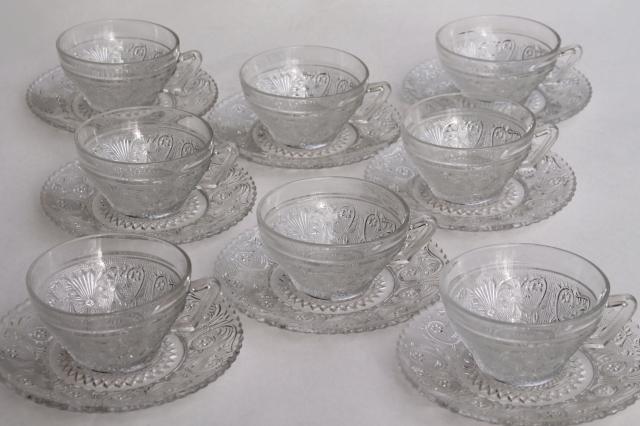 photo of vintage Sandwich pattern pressed glass cups & saucers, crystal clear depression glass Duncan & Miller #7