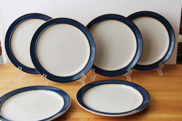 catalog photo of vintage Sango Japan Mariana Rainbow stoneware dinner plates, blue & brown band