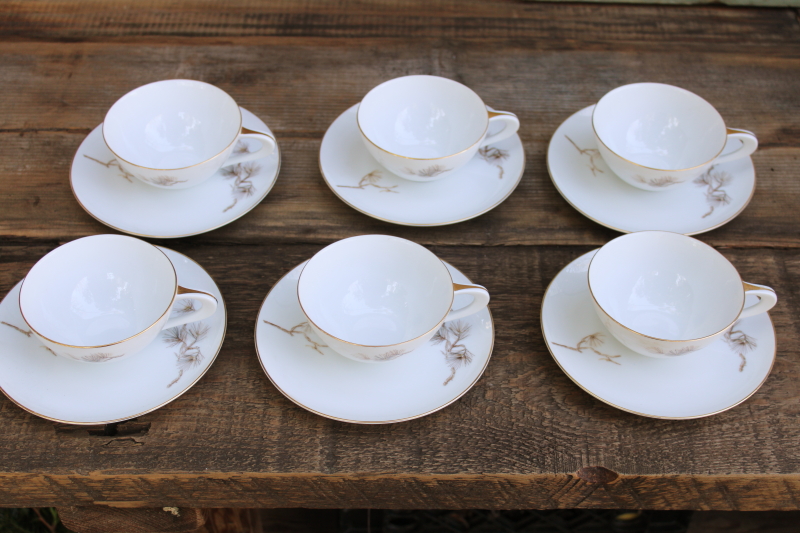photo of vintage Sango Japan china tea cups and saucers set for 6, Larchmont winter branches pinecones pattern #3