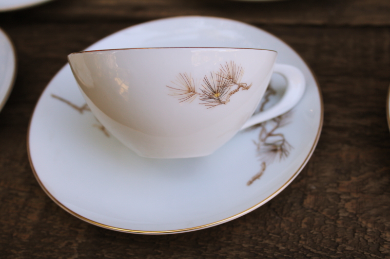 photo of vintage Sango Japan china tea cups and saucers set for 6, Larchmont winter branches pinecones pattern #4