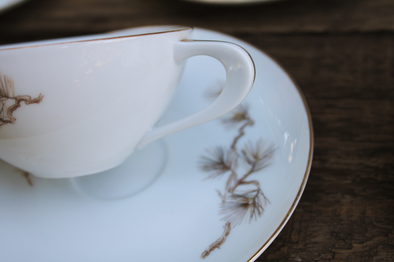 photo of vintage Sango Japan china tea cups and saucers set for 6, Larchmont winter branches pinecones pattern #5