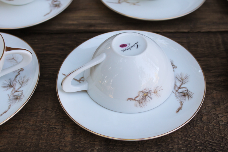 photo of vintage Sango Japan china tea cups and saucers set for 6, Larchmont winter branches pinecones pattern #6