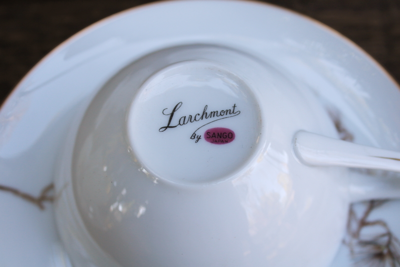 photo of vintage Sango Japan china tea cups and saucers set for 6, Larchmont winter branches pinecones pattern #7