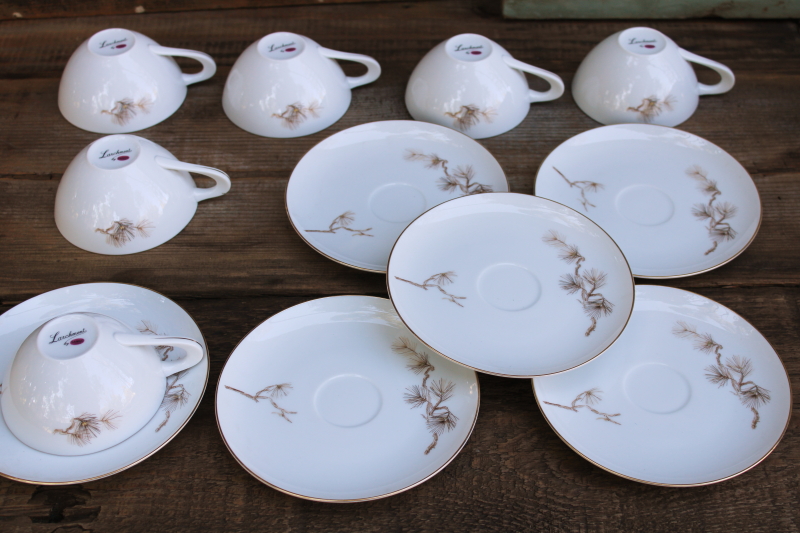 photo of vintage Sango Japan china tea cups and saucers set for 6, Larchmont winter branches pinecones pattern #9