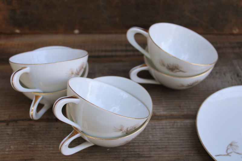 photo of vintage Sango Japan china tea cups and saucers set for 6, Larchmont winter branches pinecones pattern #10