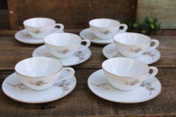 catalog photo of vintage Sango Japan china tea cups and saucers set for 6, Larchmont winter branches pinecones pattern 