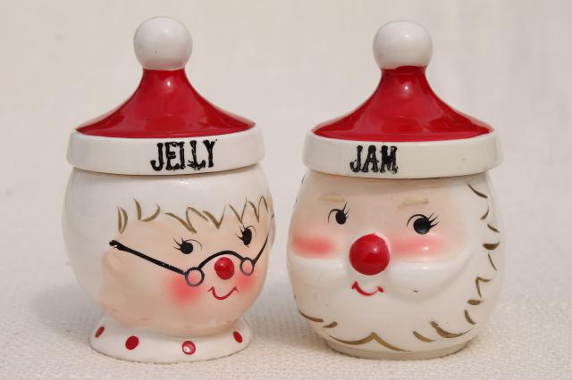 photo of vintage Santa and Mrs Claus jelly & jam pots, Japan hand painted ceramic Holt Howard? #1