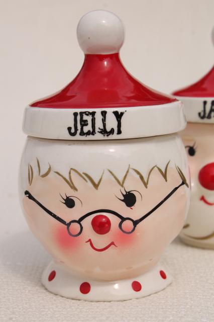 photo of vintage Santa and Mrs Claus jelly & jam pots, Japan hand painted ceramic Holt Howard? #4