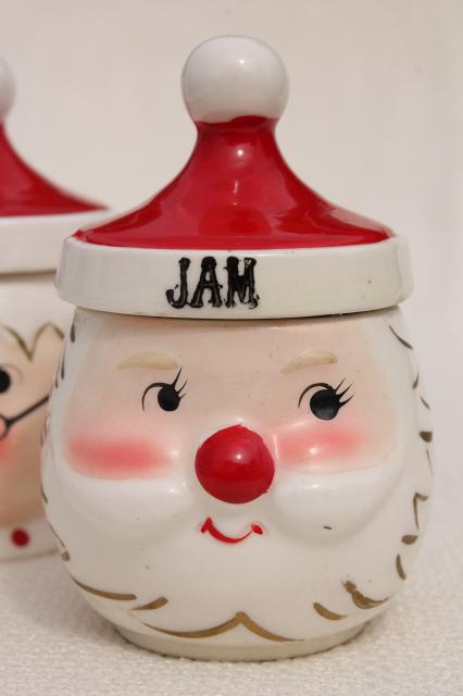 photo of vintage Santa and Mrs Claus jelly & jam pots, Japan hand painted ceramic Holt Howard? #5