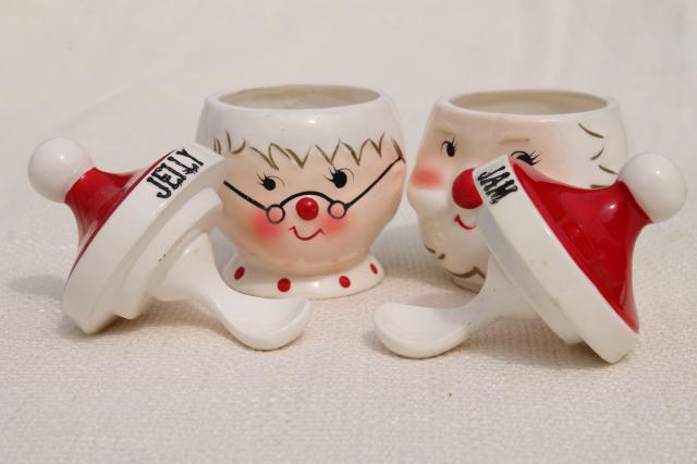 photo of vintage Santa and Mrs Claus jelly & jam pots, Japan hand painted ceramic Holt Howard? #6