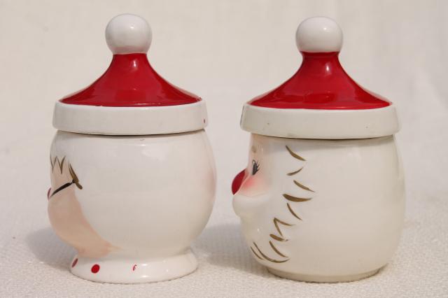 photo of vintage Santa and Mrs Claus jelly & jam pots, Japan hand painted ceramic Holt Howard? #7