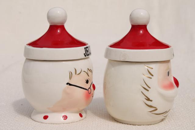 photo of vintage Santa and Mrs Claus jelly & jam pots, Japan hand painted ceramic Holt Howard? #9