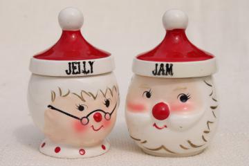 catalog photo of vintage Santa and Mrs Claus jelly & jam pots, Japan hand painted ceramic Holt Howard?