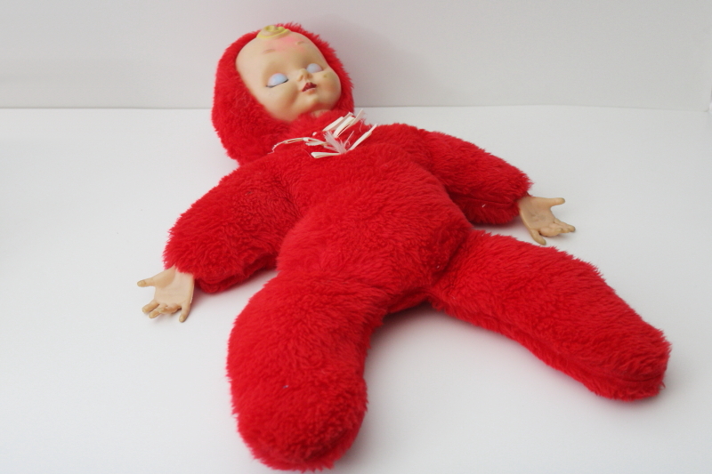 photo of vintage Santa baby doll, rubber face red furry plush stuffed toy #1