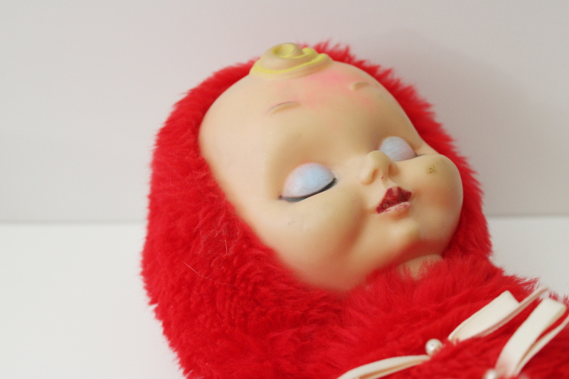 photo of vintage Santa baby doll, rubber face red furry plush stuffed toy #2