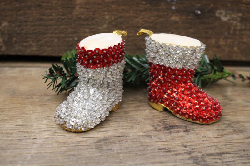 photo of vintage Santa boot Christmas tree ornaments, handmade beaded sequined decorations #1