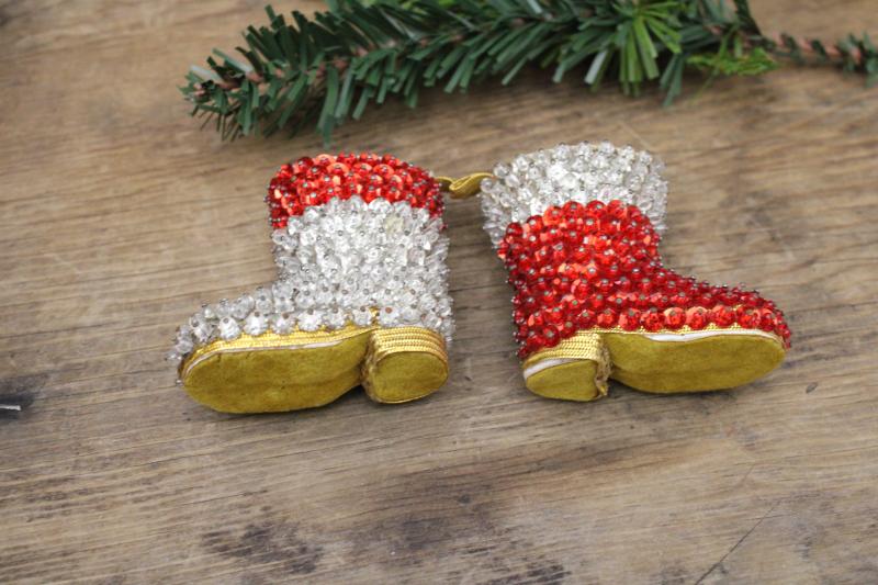 photo of vintage Santa boot Christmas tree ornaments, handmade beaded sequined decorations #2