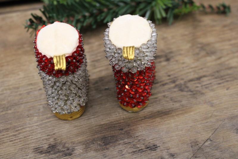 photo of vintage Santa boot Christmas tree ornaments, handmade beaded sequined decorations #3