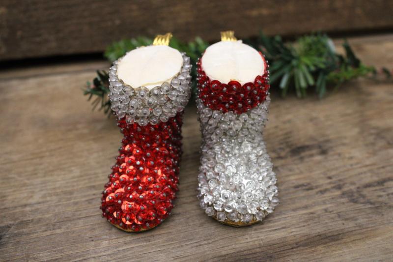 photo of vintage Santa boot Christmas tree ornaments, handmade beaded sequined decorations #4