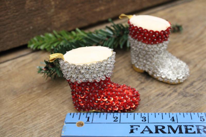 photo of vintage Santa boot Christmas tree ornaments, handmade beaded sequined decorations #5