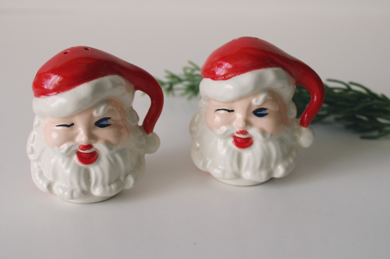 photo of vintage Santa head salt & pepper shakers, winking Santa hand painted ceramic S&P set  #1