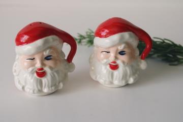 catalog photo of vintage Santa head salt & pepper shakers, winking Santa hand painted ceramic S&P set 