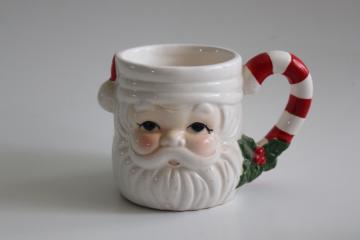 catalog photo of vintage Santa mug w/ peppermint striped candy cane handle, hand painted ceramic 