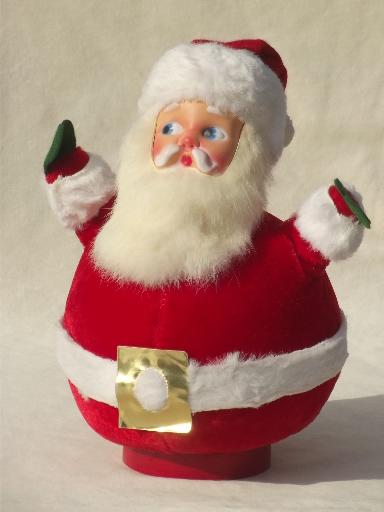 photo of vintage Santa w/ rabbit fur beard, roly-poly red flocked velvet music box #1