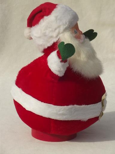 photo of vintage Santa w/ rabbit fur beard, roly-poly red flocked velvet music box #3