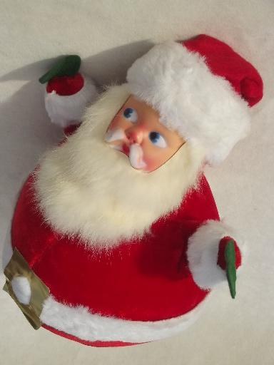 photo of vintage Santa w/ rabbit fur beard, roly-poly red flocked velvet music box #7