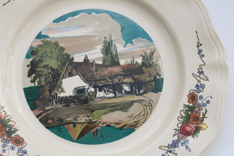 photo of vintage Sarreguemines France pottery dinner plate, rustic country landscape scene Obernai  #2