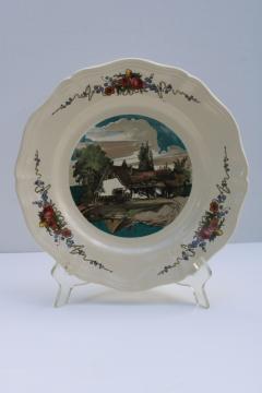 catalog photo of vintage Sarreguemines France pottery dinner plate, rustic country landscape scene Obernai 