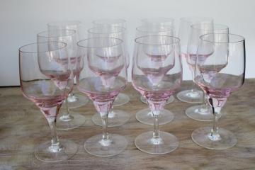 catalog photo of vintage Sasaki Harmony water wine glasses coral pink w/ clear stems, set of 12 goblets