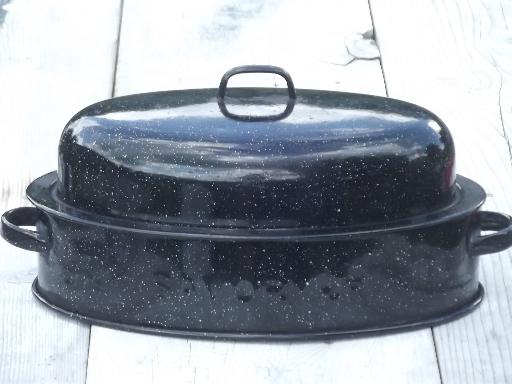 photo of vintage Savory Jr junior roasting pan, graniteware enamel chicken roaster #1