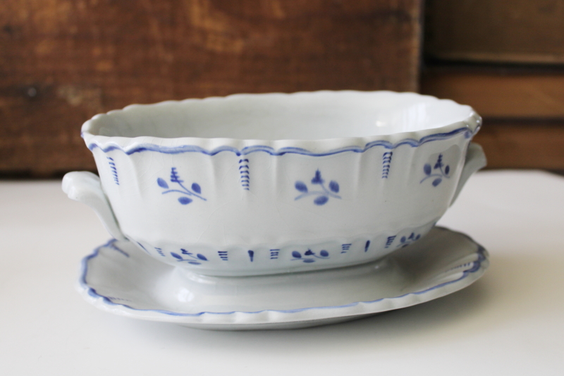 photo of vintage Scandinavian ceramic sauce dish, painted blue & white pottery Gefle Sweden #1