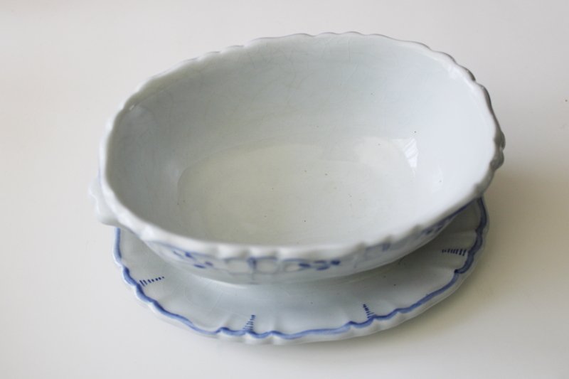 photo of vintage Scandinavian ceramic sauce dish, painted blue & white pottery Gefle Sweden #2