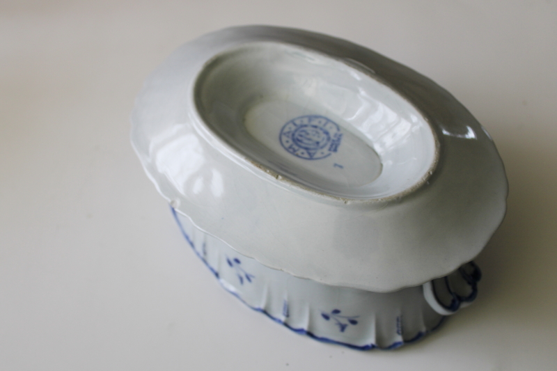 photo of vintage Scandinavian ceramic sauce dish, painted blue & white pottery Gefle Sweden #3