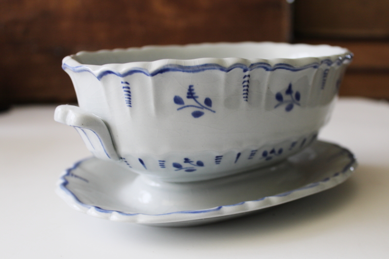 photo of vintage Scandinavian ceramic sauce dish, painted blue & white pottery Gefle Sweden #5