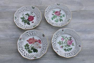 catalog photo of vintage Schumann pierced border china plates Redoute roses French botanical illustrations