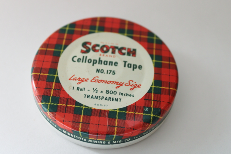 photo of vintage Scotch cellophane tape tin, round metal tin red & green tartan plaid  #1