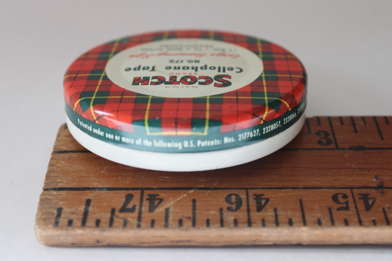 photo of vintage Scotch cellophane tape tin, round metal tin red & green tartan plaid  #2