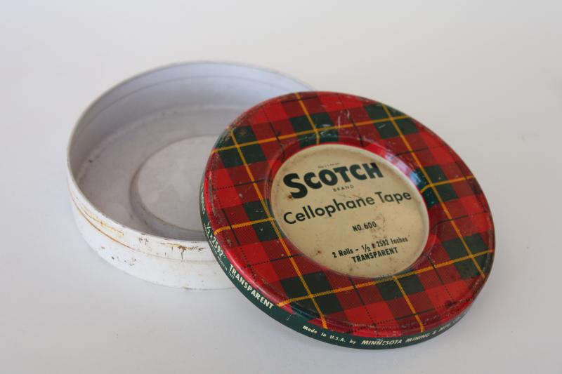 photo of vintage Scotch tape tin, round metal can w/ red & green tartan plaid #1