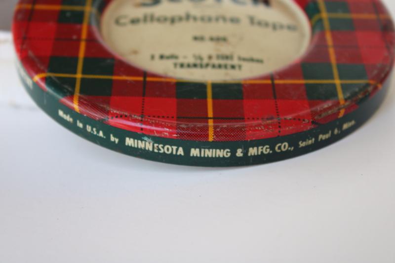 photo of vintage Scotch tape tin, round metal can w/ red & green tartan plaid #2