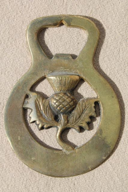 photo of vintage Scots thistle horse brass, English brass horse tack ornament #1