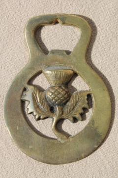 catalog photo of vintage Scots thistle horse brass, English brass horse tack ornament