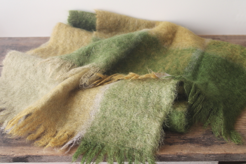 photo of vintage Scottish mohair woven scarf wide wrap shawl fringe, heather green mustard gold plaid #1